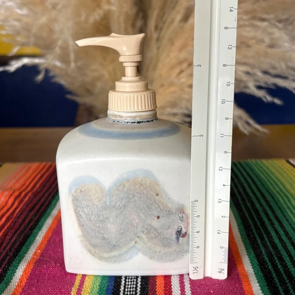 Handmade Studio Pottery Soap Dispenser Set Drip Glaze Stoneware Boho Decor 2pc